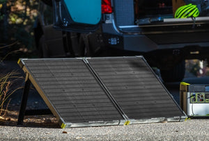 Goal Zero Boulder briefcase solar panel connected to Yeti power station