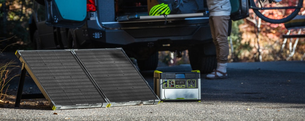 Goal Zero Boulder briefcase solar panel connected to Yeti power station