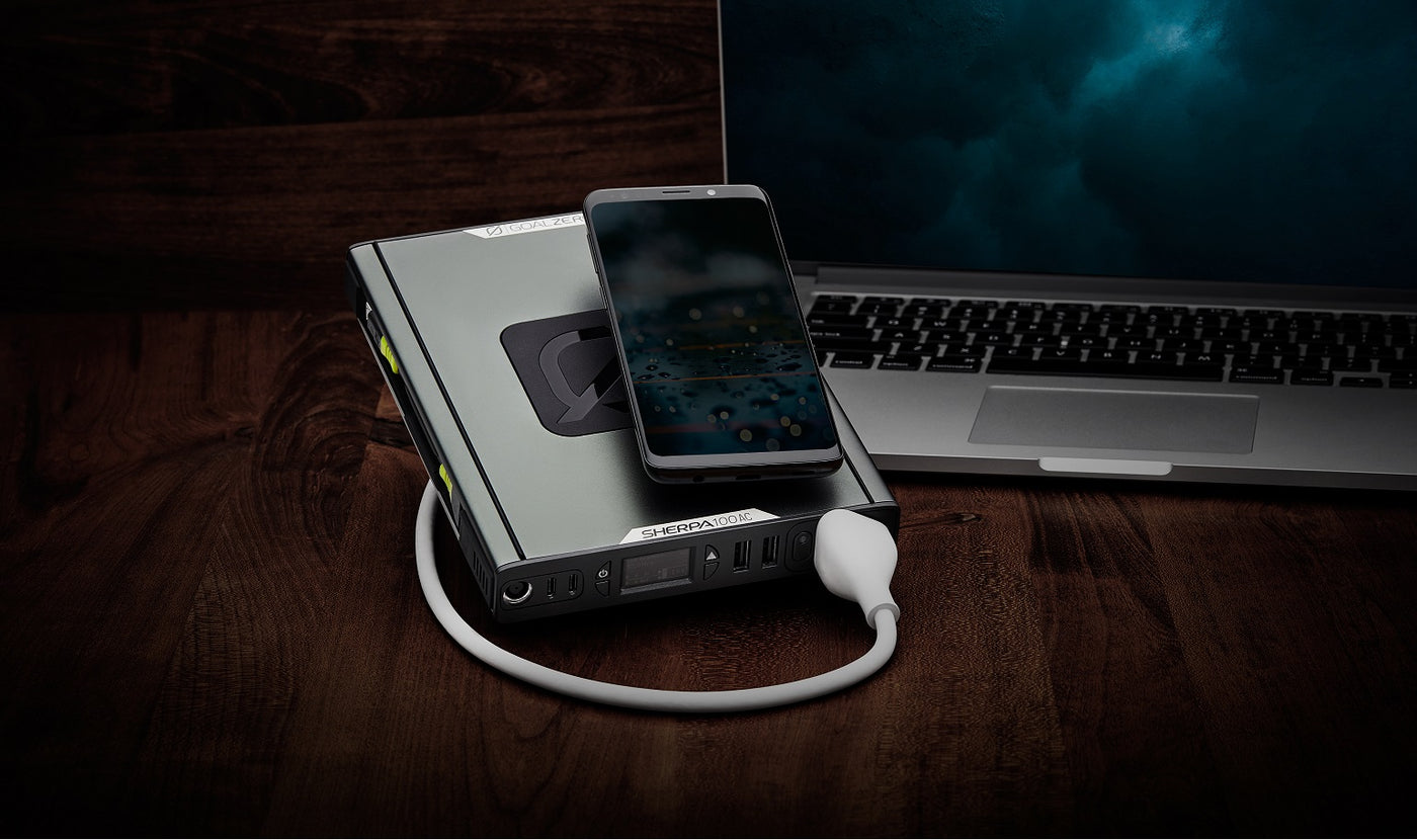 Goal Zero Sherpa 100AC with AC cable charging laptop